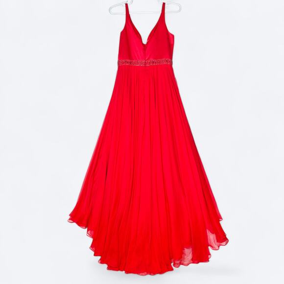Sherri Hill Red Satin Chiffon Beaded Gown Prom Gown Womens 14 Romantic Y2K Glam - Picture 2 of 7